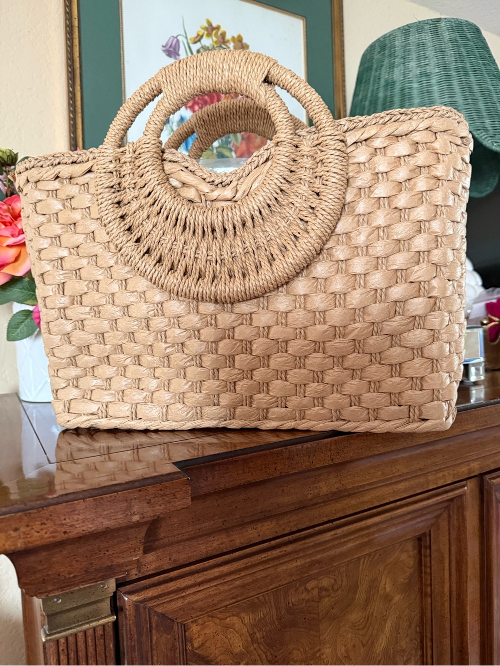 Raffia Summer Round-Handle woven Tote Bag in Natural NWOT